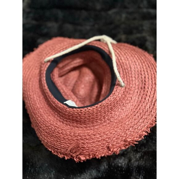 Frye Red Raffia Straw Wide Brim Raw Edge Woven Sun Hat OS